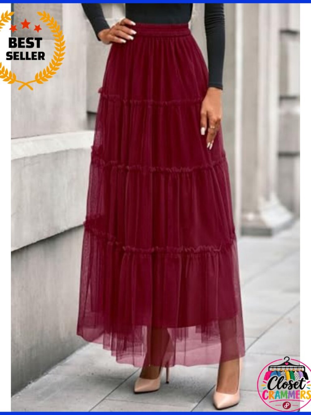 PRETTYGARDEN Women's Tulle Tiered Long A-Line Maxi Skirt High Waist - Picture 2 of 6